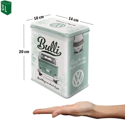 A tin storage box with a Volkswagen Bulli design, shown with dimensions and a hand for scale.