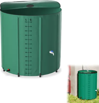 Image de UISEBRT 750 litres Tonneau de pluie pliable, Réservoir d'eau de pluie, Stable aux UV & résistant aux intempéries, Avec protection anti-débordement & graduation latérale, Compact pour jardin, balcon, camping, Vert