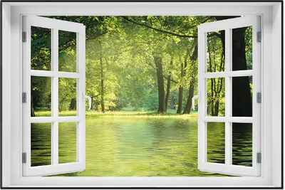 Produktbild von Wallario Wandbild mit Fenster-Illusion: Idyllischer See im Wald bei Sonnenschein, Größe: 61 x 91,5 cm, Poster mit schwarzem Aluminiumrahmen