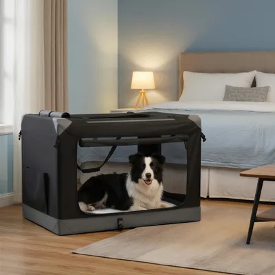 Produktbild von Hundebox faltbar, tragbar, Oxford-Gewebe, 4 Türen, mit Griffen und Seitenfach, für Reisen, 76,2 cm, schwarz-grau
