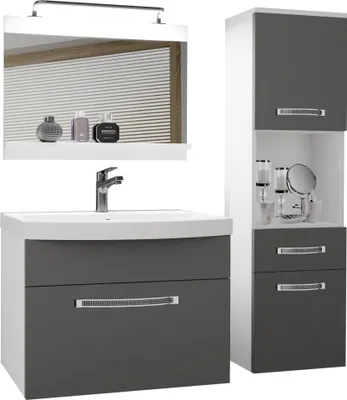 Produktbild von BELINI Badmöbel Vollausstattung Set Waschbeckenschrank, Hochschrank, Waschbecken, Spiegel, Lampe (Grau, Matt)