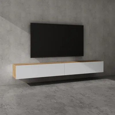 Image de doporro Meuble TV Bas 240x40,2x30cm Armoire TV Marron Clair + Blanc Mat Table de Télévision Salon avec Portes Meuble TV Suspendu MBTV02