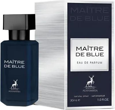 A perfume bottle and its box are displayed side-by-side against a textured background.
