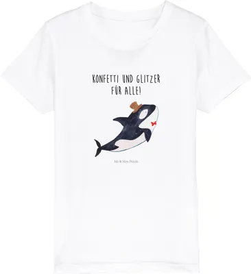 Produktbild von Mr. & Mrs. Panda Organic Kinder T-Shirt Orca Zylinder 5-6 Jahre (110/116) - Weiß - Geschenk, Narwal, Feier, Meer, Glitzer, Öko, Kindershirt, Fest, Jungen, Teenager