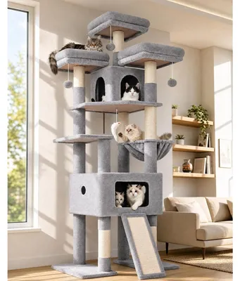 Image de Arbre à chat - 192 cm - Stable pour grands chats - Avec maisonnettes et panier en peluche