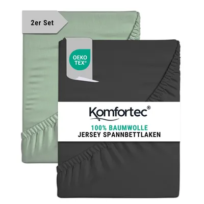Produktbild von Komfortec 2er Pack Jersey Spannbettlaken 160x200 cm, 100% Baumwolle, Doppelpack Spannbettuch, Anthrazit&Grün