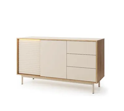 Produktbild von Kommode TIRON II, Sideboard mit 3 Schubladen und 2 Türen, Wohnzimmerschrank, Moderne Kommode für Wohnzimmer, Esszimmer, Eiche Nachbildung/Kaschmir