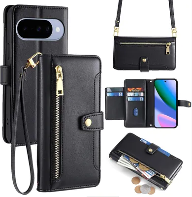 Produktbild von Handykette Google Pixel 10 / 10 Pro Hülle mit Band Handyhülle Kartenfächer Kunstleder Umhängetasche in Schwarz