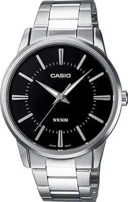 A close-up studio shot of a Casio men's watch with a black dial and a stainless steel bracelet.