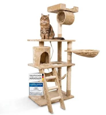 Produktbild von Foxdevil by xonic® Stabiler Kratzbaum für Katzen - Vielseitiger Katzenkratzbaum mit Aussichtsplattform, Hängematte, Kuschelhöhle, Spielkordel, Treppe – 141 cm Hoch – [ Beige V1]