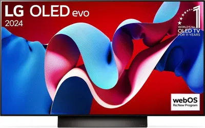 A marketing image for an LG OLED evo TV, showing a colorful abstract design on the screen and branding.