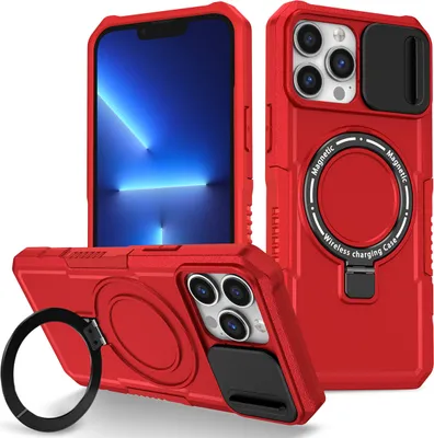 Produktbild von Handyhülle für iPhone 13 Pro Max Kompatibel mit MagSafe, Robuste Hülle mit Schiebe Kamera Schutz, Magnetischer Ringständer Rot