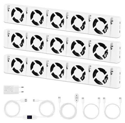 Produktbild von Vigevee Heizkörperlüfter 5 Lüfter 3er Set, einstellbarer Thermostat 0–60 °C, Temperatursensor, 47 cm, Weiß