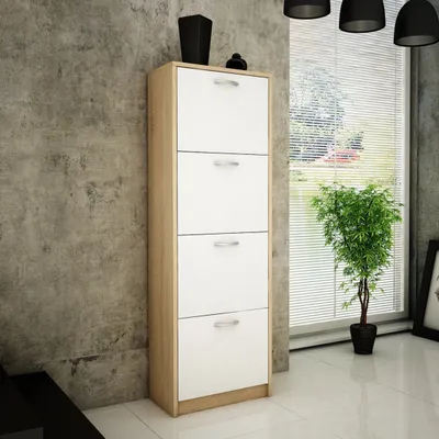 Produktbild von Schuhschrank mit 4 aufklappbaren Schubladen, Schuhregal mit 4 Fächern 50 cm breit weiche abgerundete Kanten, matte Oberfläche, sonoma weiß