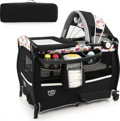 Produktbild von GOPLUS 4 in 1 Reisebett, Babybett mit verstellbarem Vordach, Aufbewahrungsregal, Spielzeugstange, Spieluhr & Rädern (Kreis)