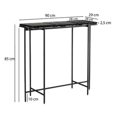 A black console table with dimensions indicated by measurement lines and text.