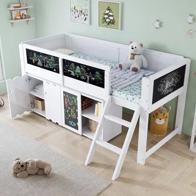 Immagine prodotto di Letto a castello Flieks 90x200 cm con armadio, letto a soppalco per bambini con scala e protezione anticaduta, lettino con lavagna, letto a castello singolo bianco