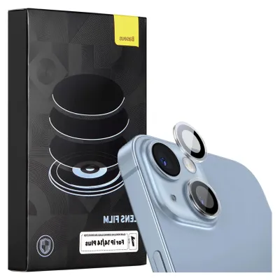 A product box for Baseus camera lens film for iPhone 14/14 Plus is shown next to a light blue iPhone with camera lens protectors on its camera module.