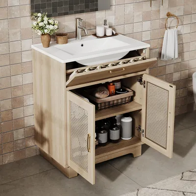 Produktbild von okwish Badezimmerwaschtisch mit Hochklapp-Schublade,Hohen Beinen, mit Stauraumund Keramikbecken,Natur