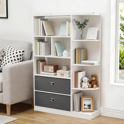 Produktbild von Bücherregal mit 8 offenen Regalböden und 2 Stoffschubladen, Weiß, 80 x 24 x 115 cm