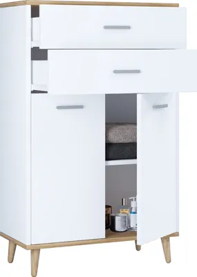 A white and wood cabinet with two drawers and two doors, shown against a white background.