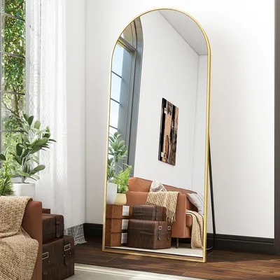 Produktbild von Koonmi Standspiegel mit gewölbtem Top, 180 x 76 cm Groß Bogenspiegel mit robustem Glas, an der Wand montierter Ganzkörperspiegel, Gold
