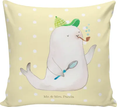 Produktbild von Mr. & Mrs. Panda Dekokissen Robbe Sherlock - Gelb Pastell - Geschenk, Kuschel Kissen, kuschelkissen 40x40, Sofakissen, Polster, für sofa, Lustige Sprüche