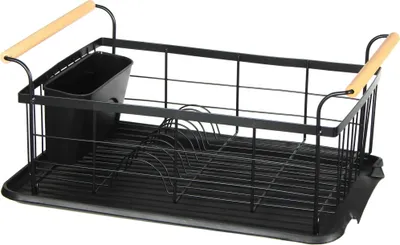 A black metal dish rack with wooden handles and a black plastic tray.