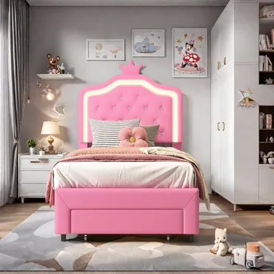 Obrázok produktu pre Čalúnená detská posteľ 90x200 cm, nastaviteľné čelo, 2 zásuvky, tvar koruny s LED, princeznovský štýl, ružová (bez matraca)