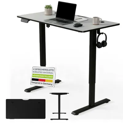 A standing desk with a laptop, mouse, mug, and headphones. Several components of the desk are shown separately below.
