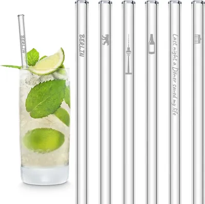 Produktbild von HALM Glas-Strohhalme - Berlin Edition mit Gravur - 6 Stück gerade 20 cm - Berlin Souvenirs - Geschenkartikel - Wiederverwendbare Glas-Trinkhalme - inkl. plastikfreie Reinigungsbürste - Glasstrohalme