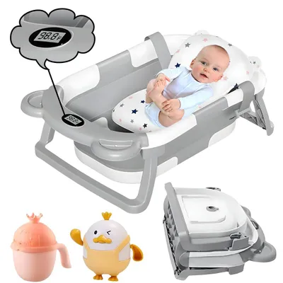 Immagine prodotto di Vaschetta da bagno pieghevole con termometro, adatta a bambini da 0 a 36 mesi, colore grigio, ideale per i viaggi