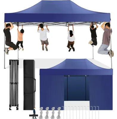 Image de Tente de réception - Tente pliante - Véranda de jardin - Abri - Imperméable - 3 x 4,5 mètres - Protection UV - Bleu marine