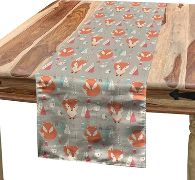 Obrázok produktu pre ABAKUHAUS Fuchs Stolový behúň, Milé lesné zvieratká s vtákmi a vianočným stromčekom Winter Season Flora und Fauna, 40 x 300 cm, oranžová, sivá, svetlo modrá