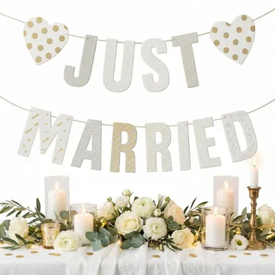 Just Married Slinger, 3 m, Papier/Baumwolle, Weiß-Grau mit Goldfolie