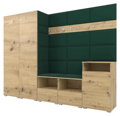 Produktbild von Garderobe NELA VIII 250 cm Modulare Flurmöbel Artisan Eiche mit Sitzpolster Flaschengrün 28 (2 Schränke + Sideboard)