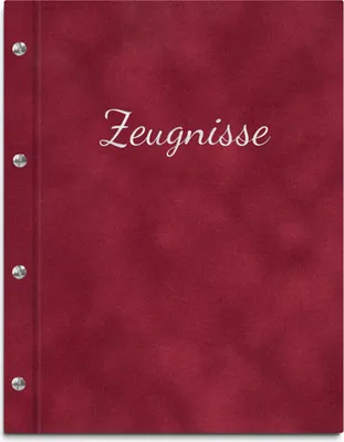 Produktbild von Zeugnismappe im roten Samteinband mit hochwertiger Beschriftung in silber – handgefertigte Mappe für Zeugnisse inkl. 12 Sichthüllen