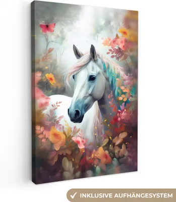Produktbild von MuchoWow® - Leinwandbilder - Pferd - Natur - Blumen - Tiere - Wald, Wandbild, Wanddeko Bilder Wohnzimmer, 20x30 cm