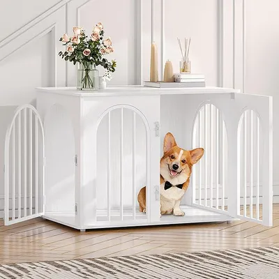 Productafbeelding van Hondenkooi, meubel, 80 cm hondenbox voor thuis, 3 deuren, boogdeur, moderne hondenkooi voor binnen, bijzettafel, stevige hondenkooi, 80 x 56 x 61 cm, wit, DFC85113W