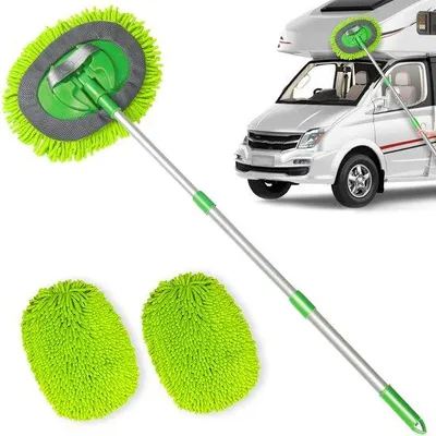 Produktbild von 43-Zoll-Teleskop-Autowasborstel, 2-in-1-Autowasmop für Auto, Camper, Caravan, LKW, grün