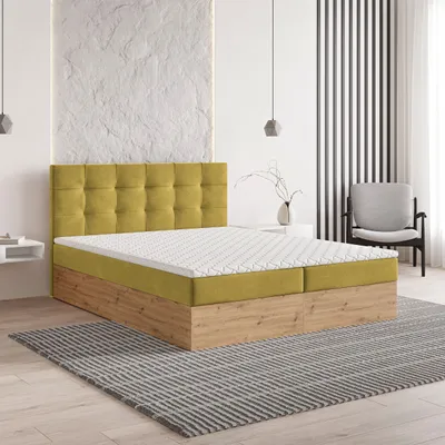 Produktbild von Masseno Boxspringbett MOLVEN 180x200 cm Komplett-Set mit Bonell Matratze und Topper, Polsterbett mit Bettkästen -Gelb, SORO 40