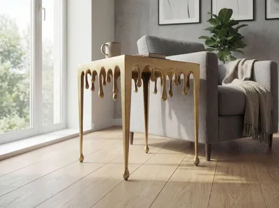 Beistelltisch Drops Gold aus Aluminium in Gesamtansicht mit tropfenförmigen Beinen in Gold neben einem Sofa.