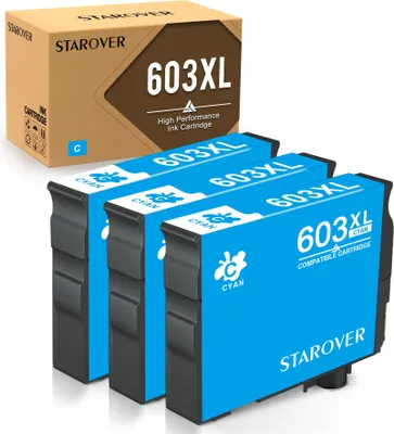 A product shot of printer ink cartridges and their packaging.