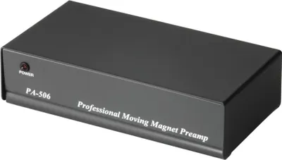 A black phono preamplifier on a white background.