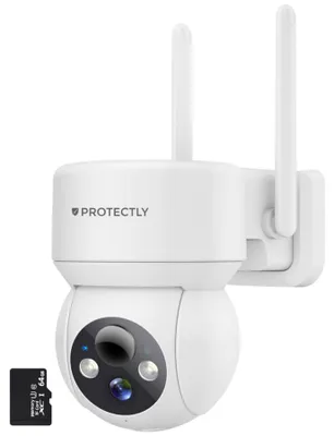 Produktbild von Protectly® 2K Überwachungskamera Außen – WLAN Kamera mit Nachtsicht, 355° PTZ, Zwei-Wege-Audio, Sirene, IP66 & 64GB SD