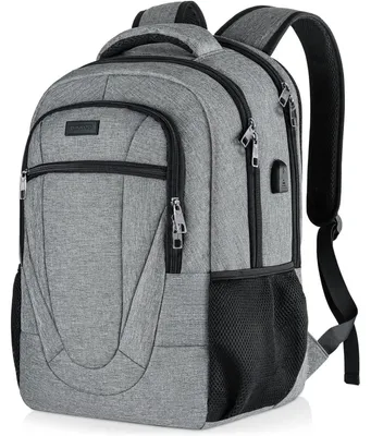 Productafbeelding van Rugzak voor heren en dames, geschikt voor een 17,3-inch laptop, met USB-oplaadpoort, grijs, waterdicht