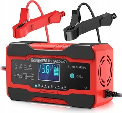 Immagine prodotto di Caricabatteria e caricabatteria per auto per batterie da 12 V e 24 V con 10 A e cavo di avviamento.