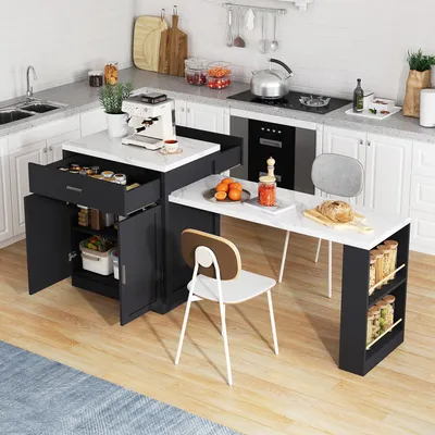 A modern kitchen scene with a black and white kitchen island cart with an extendable table.