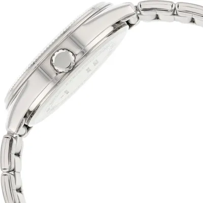 A close-up side view of a silver watch with a metal band.