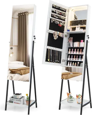 Produktbild von Schmuckschrank mit Spiegeln, Spiegelschrank mit 3 farbigen LEDs, Schmuckorganizer mit Schublade & Ablage, Schmuckregal Abschließbar, für Schlafzimmer Wohnzimmer (Weiß)